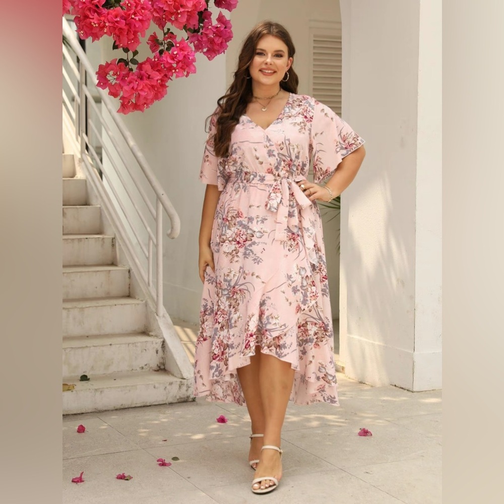 Floral pant print ruffled hem, belted wrap dress